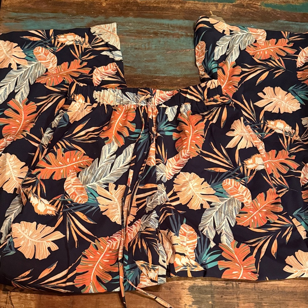 SHEIN Tropical Print Wide Leg Pants - Navy and Orange